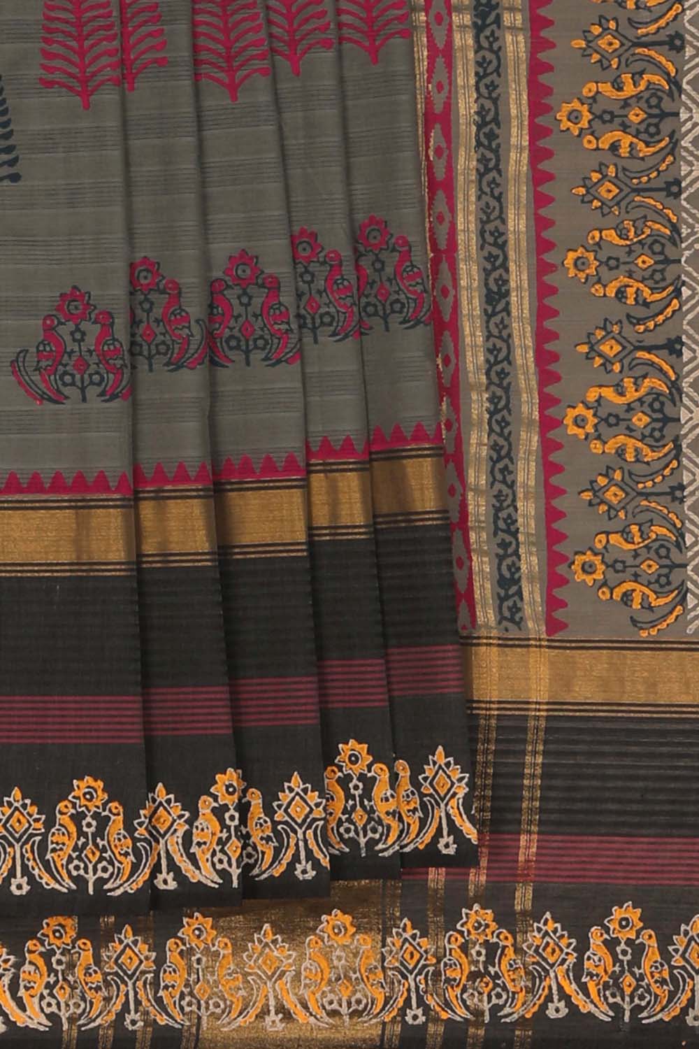Image of Grey Hand Block Printed South Cotton Saree